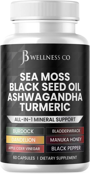 Sea Moss Black Seed Oil Ashwagandha Turmeric Bladderwrack Burdock - With Manuka, Honey Dandelion, Acv Black Pepper Gluten Free- 120 Count