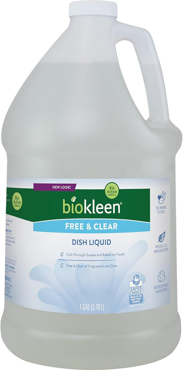 Biokleen Free & Clear Dish Liquid - 1 Gallon - Soap, Dishwashing, Eco-Friendly, Non-Toxic, Plant-Based, No Artificial Fragrance, Colors Or Preservatives, Free & Clear, Unscented
