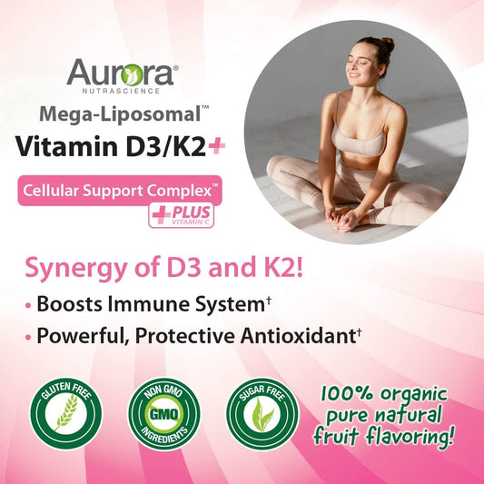 Aurora Nutrascience, Mega-Liposomal Vitamin D3/K2+ With Vitamin C, Organic Fruit Flavor, Gluten Free, Non Gmo, 16 Fl Oz (480 Ml)