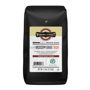 Verena Street 5 Pound Flavored Whole Bean, Swiss Water Process Decaf, Mississippi Grogg Decaffeinated, Medium Roast Rainforest Alliance Certified Arabica Coffee