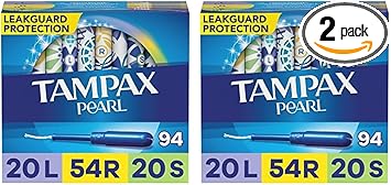 Tampax Pearl Tampons Multipack, Light/Regular/Super Absorbency, With Leakguard Braid, Unscented, 94 Count (Pack Of 2)