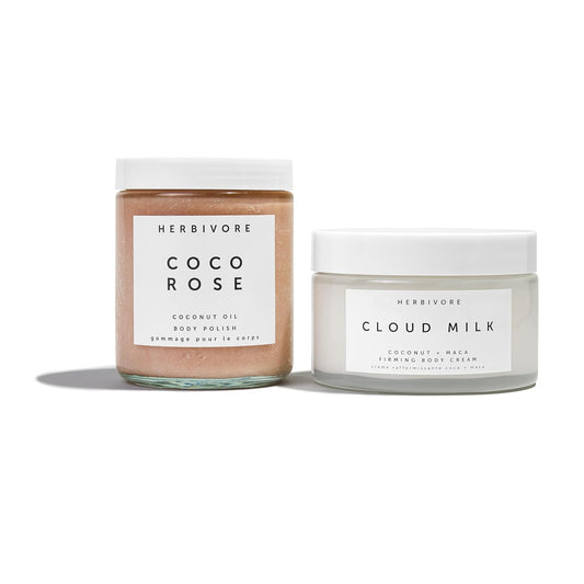 Herbivore Instant Vacation Silky Soft Body Gift Set | Coco Rose Coconut Oil Body Polish & Cloud Milk Coconut + Maca Firming Body Cream, Plant Based, Vegan, Cruelty Free