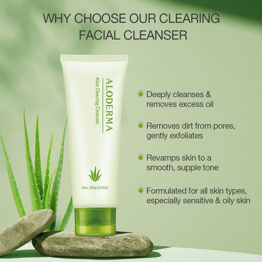 Aloderma Acne Clearing Facial Cleanser with 76% Organic Aloe Vera - Remove Excess Oil, Gentle Aloe Vera Cleanser with Witch Hazel - Purify Skin, Deeeply Cleanse Pores, Calming Aloe Facial Wash, 3.5oz