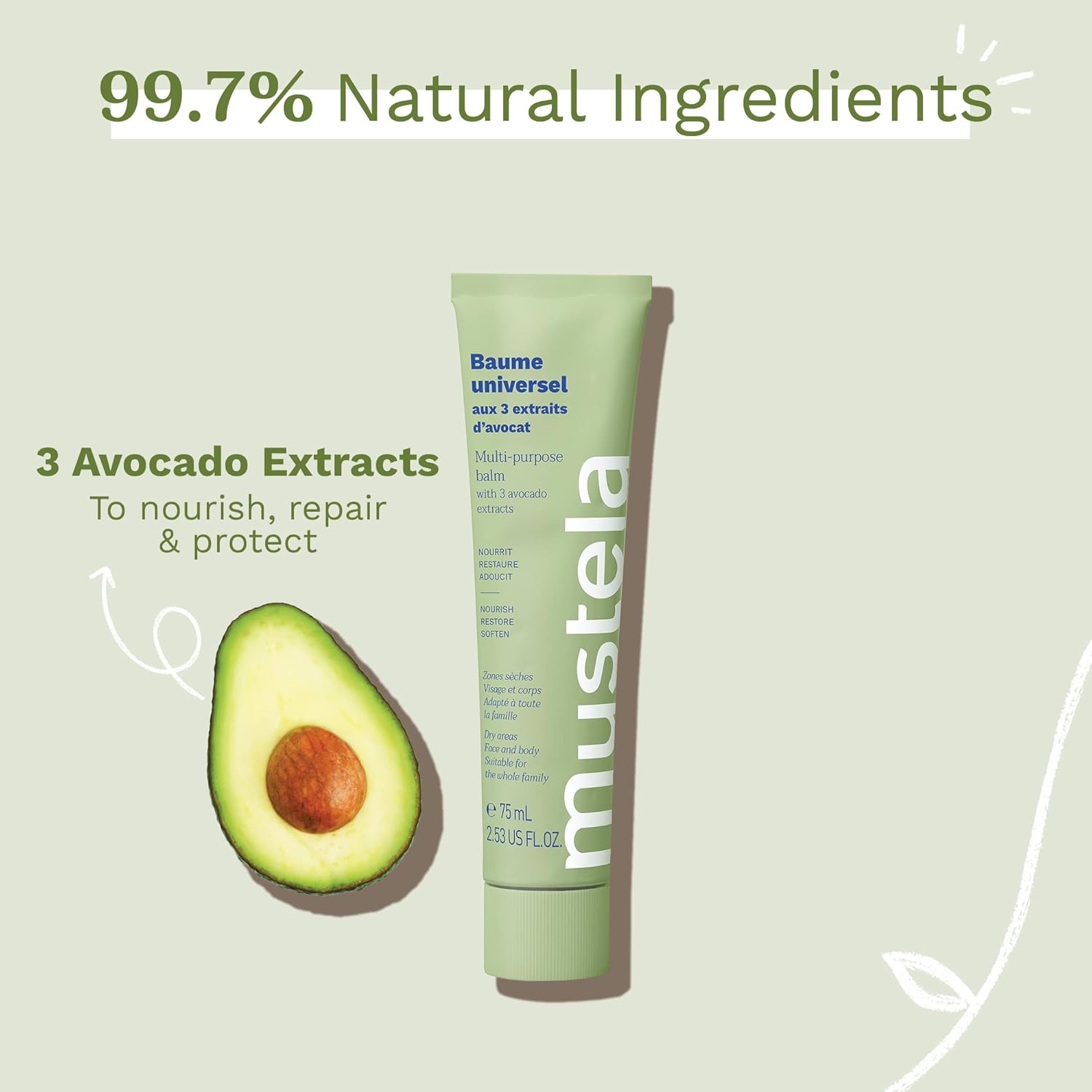 Mustela Avocado Multi-Purpose Balm - Natural Vegan Moisturizer For Face, Lips, Hands & Body - Dry Skin Relief - 2.53 Fl. Oz. : Beauty & Personal Care