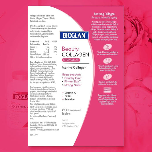 Bioglan Collagen Effervescent | 1000Mg | Hydrolysed Marine Collagen | Biotin | Selenium & Vitamin C | 20 Berry Flavoured Effervescent