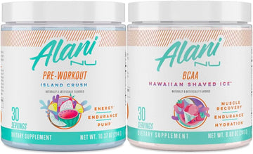 Alani Nu Island Crush Pre Workout And Bcaa Hawaiian Shaved Ice Post Workout Powder Bundle | L-Theanine, Beta-Alanine, Citrulline | Branch Chain Essential Amino Acids | 30 Servings Per Container