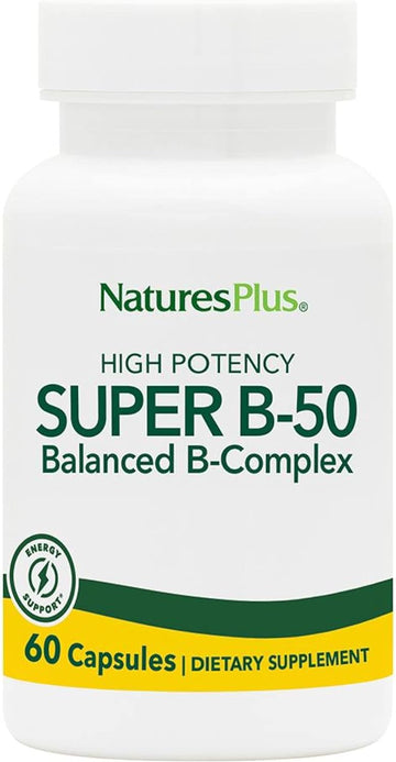 Naturesplus Super B50-60 Vegetarian Capsules - High Potency B Complex Vitamin Supplement - Brain & Energy Booster - Gluten-Free - 60 Servings