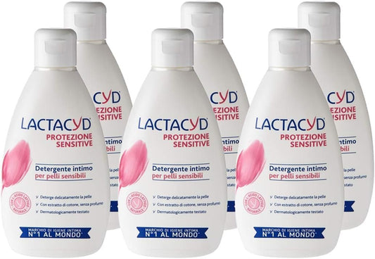 Lactacyd Sensitive Protection, Intimate Hygiene Cleanser Suitable For Sensitive Skin, With Biotechnological Lactic Acid And Cotton Extract, Pack Of 6 Pieces (6 X 300 Ml)