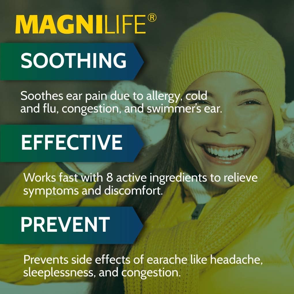 Magnilife Earache Relief, Fast-Acting Natural Relief For Swimmers Ear, Pain And Discomfort From Allergies, Cold And Flu - 90 Quick Dissolve Tablets : Health & Household