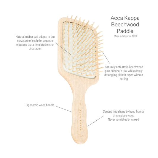Acca Kappa Natural Paddle Hair Brush Travel Size Wooden Pins Beechwood Anti-Static Scalp-Massage Detangler