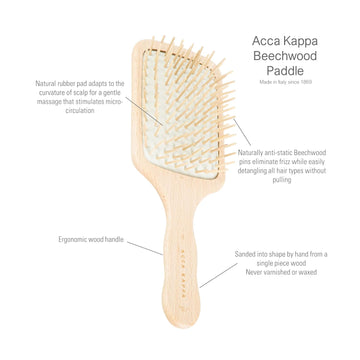 Acca Kappa Natural Paddle Hair Brush Wooden Pins Beechwood Anti-Static Scalp-Massage Detangler