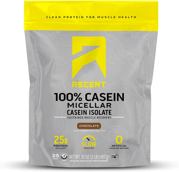 Ascent Casein Protein Powder - 25G Micellar Casein Powder With Zero Artificial Flavors & Sweeteners, Gluten-Free, No Added Sugar, 4.9G Bcaa, 2.2G Leucine - Chocolate, 2 Pounds