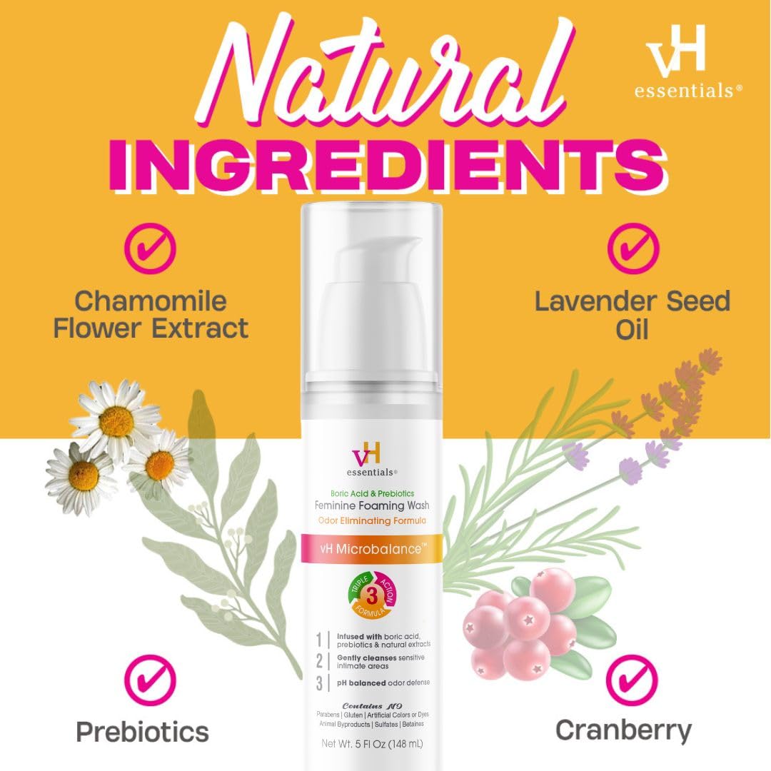 Vh Essentials Feminine Foaming Wash With Boric Acid And Prebiotics, Odor Eliminating Ph-Balanced Daily Cleanser With Lavender And Chamomile, 5 Fl Oz