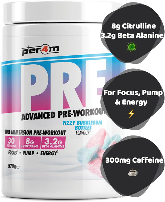 Per4M Pre Workout Powder 570G | Intense Pump, Sustained Energy And Mental Focus | With L-Citrulline, Beta Alanine & Caffeine With Added Hydration (Fizzy Bubblegum Bottle)