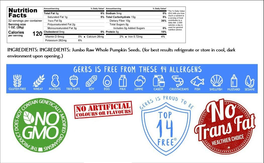 Jumbo Raw Pumpkin Seeds in Shell by Gerbs - 2 LBS - Top 11 Food Allergen Free & Non GMO - Vegan & Kosher - Premium Giant Size Whole Pepitas β COG USA : Grocery & Gourmet Food