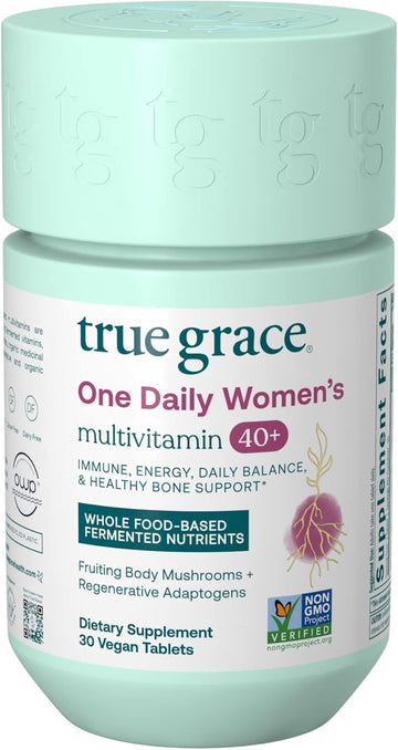 True Grace One Daily Women’S Multivitamin 40+ Fermented Minerals, Organic Adaptogens & Mushrooms Energy, Immune, Bone, Heart Support - Iron Free, Non-Gmo, Gluten Free, Soy Free - 30 Vegan Tablets