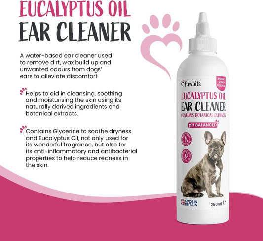 Pawbits Ear Cleaner For Dogs & Cats A Moisturising Ear Cleaning Solution With Eucalyptus Oil To Remove Dirt & Wax – Non Toxic & Soothing Drops To Stop Itching & Discomfort, Head Shaking (250Ml)