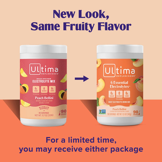 Ultima Replenisher Mocktini Electrolyte Drink Mix β Peach Bellini, 90 Servings β Hydration Powder With 6 Key Electrolytes & Trace Minerals β Keto Friendly, Non- Gmo & Sugar-Free Electrolyte Powder