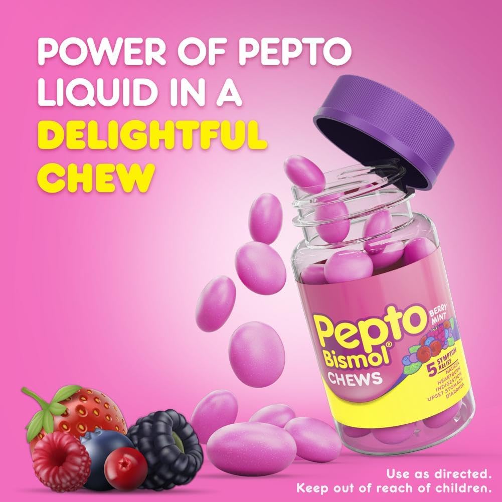 Pepto Bismol Chews, Fast and Effective Digestive Relief from Nausea, Heartburn, Indigestion, Upset Stomach, Diarrhea, Berry Mint Flavor, 72 Chewable Tablets, 24 Count (Pack of 3) : Health & Household