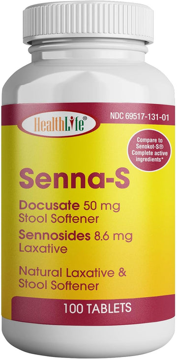 Health Lfe Senna-S Tablets, Senna Plus(Laxative/Stool Softener I Gentle Overnight Relief Of Occasional Constipation Generic For Senokot-S (Small, 100)
