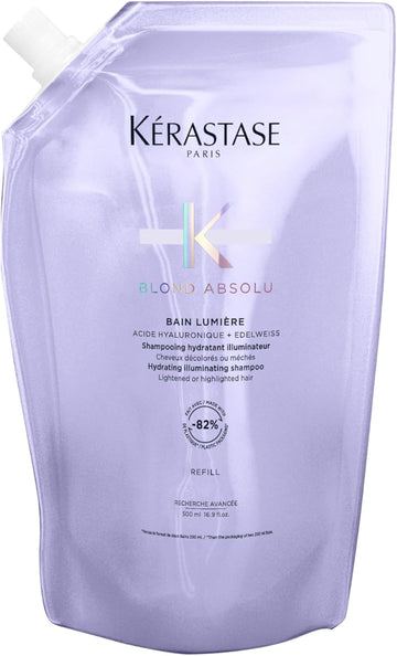 Kérastase Blond Absolu, Hydrating Illuminating Shampoo, For Lightened, Highlighted And Grey Hair, With Hyaluronic Acid & Edelweiss Flower, Bain Lumiere, 500Ml Refill