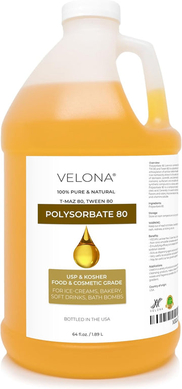 Polysorbate 80 by velona - 64 oz | Solubilizer, Food & Cosmetic Grade | All Natural for Cooking, Skin Care and Bath Bombs, Sprays, Foam Maker | Use Today - Enjoy Results