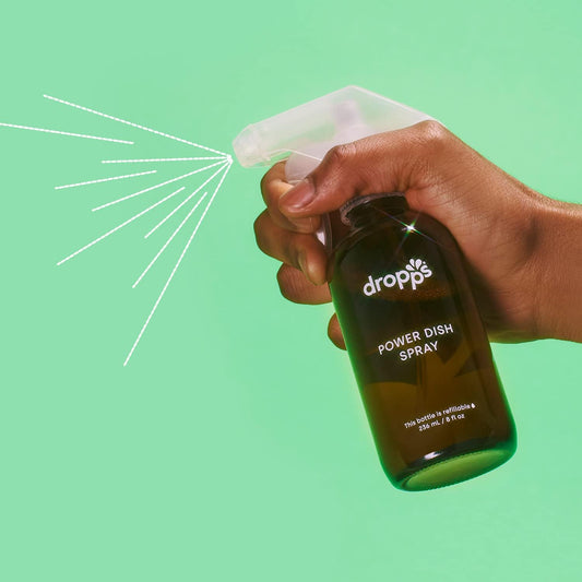 Dropps Power Dish Spray: Lemon Verbena | Starter Kit | Contains 6 Refills | Cuts Grease & Fights Stuck On Food | For Sparkling Glassware & Dishes | Refillable Glass Spray Bottle