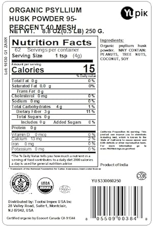 Yupik Organic Psyllium Husk Powder 95% 40 Mesh Superfood, 8.8 Ounce, Non-Gmo, Vegan, Gluten-Free