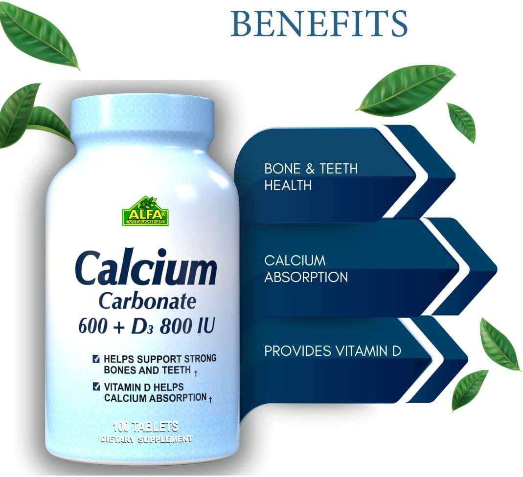 Calcium 600mg + D3 Dietary Supplement by ALFA Vitamins - Promotes Healthy Bones - Healthy Teeth - Healthy Heart - Healthy Nervous System -100 Tablets : Health & Household