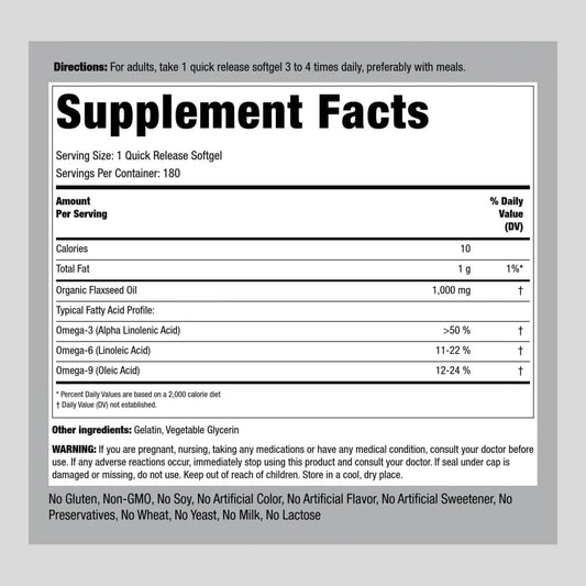 Piping Rock Flaxseed Oil 1000Mg Softgel Capsules | 180 Count | Cold Pressed Supplement | Non-Gmo, Gluten Free