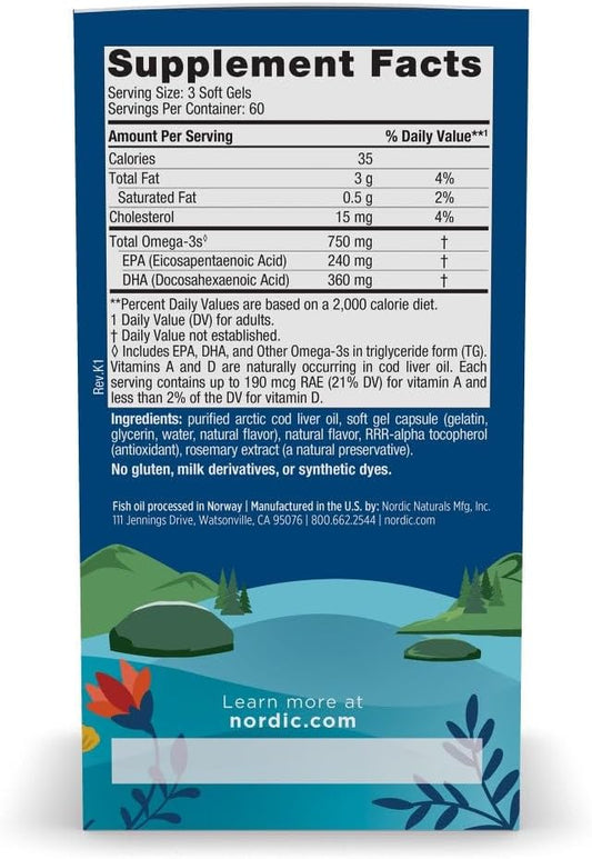 Nordic Naturals Arctic Cod Liver Oil, Lemon - 180 Soft Gels - 750 mg Total Omega-3s with EPA & DHA - Heart & Brain Health, Healthy Immunity, Overall Wellness - Non-GMO - 60 Servings