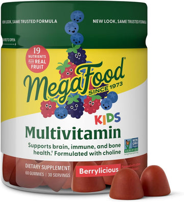 Megafood Kids Multivitamin Gummies - Kids Vitamins - Age 4+ With Vitamin C, Vitamin D, Zinc, Choline, And Real Fruit - Brain & Immune Support - Berrylicious Flavor - 60 Gummies (30 Servings)