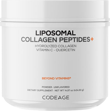 Codeage Liposomal Collagen Peptides Powder + Vitamin C & Quercetin, Phospholipid Complex, Grass-Fed Pasture-Raised Hydrolyzed Collagen Type I & Iii Supplement All-In-One, Non-Gmo, 14.97 Oz