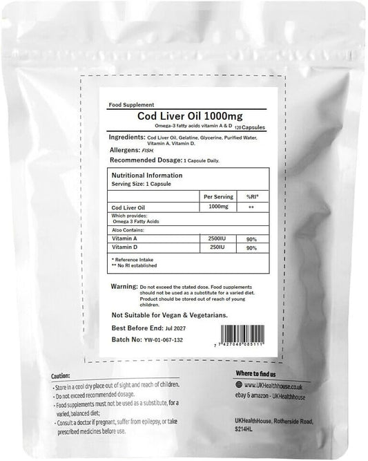 UKHealthHouse Premium - Cod Liver Oil Capsules - 1000mg x 120 - High Strength - Omega-3 Fatty Acids Vitamin A & D - EPA and DHA