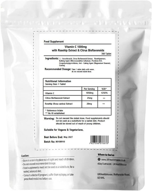 Vitamin C With Rosehips & Bioflavonoids - 1000Mg - High Strength Ascorbic Acid - Reduction In Tiredness & Fatigue & Skin Health (360 Tablets)