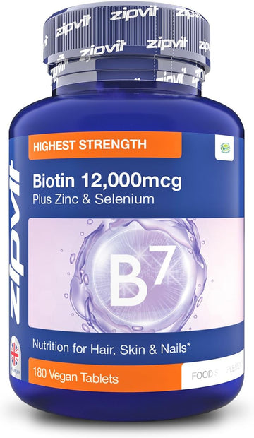 Zipvit Biotin Hair Growth Supplement 12000Mcg, Enriched With Zinc & Selenium, 180 Vegan Tablets,High Strength Biotin For Hair And Skin Support For Men And Women