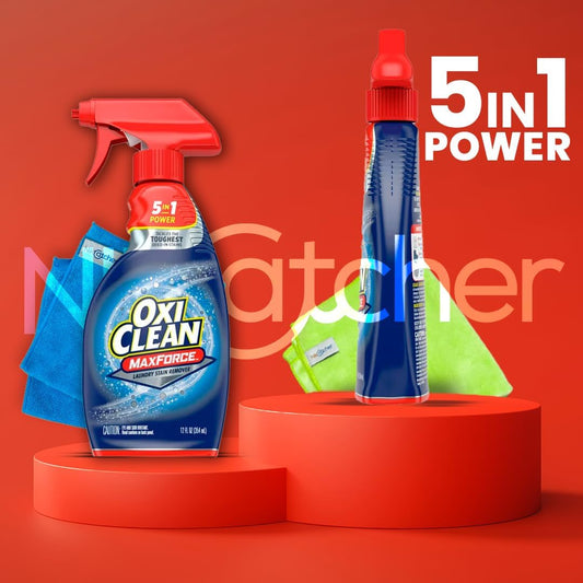 2 Oxi, Clean Max Force, Laundry Stain Remover Spray 12 Ounce, Bundled With 3-Pack Nikcatcher 16X16 400 Gsm Microfiber Cleaning Cloth Towel Rags