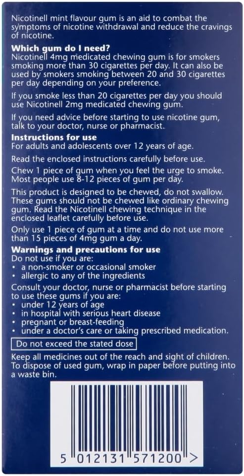 Nicotinell Nicotine Gum, Quit Smoking Aid, Mint Flavour, 4 Mg, 96 Pieces