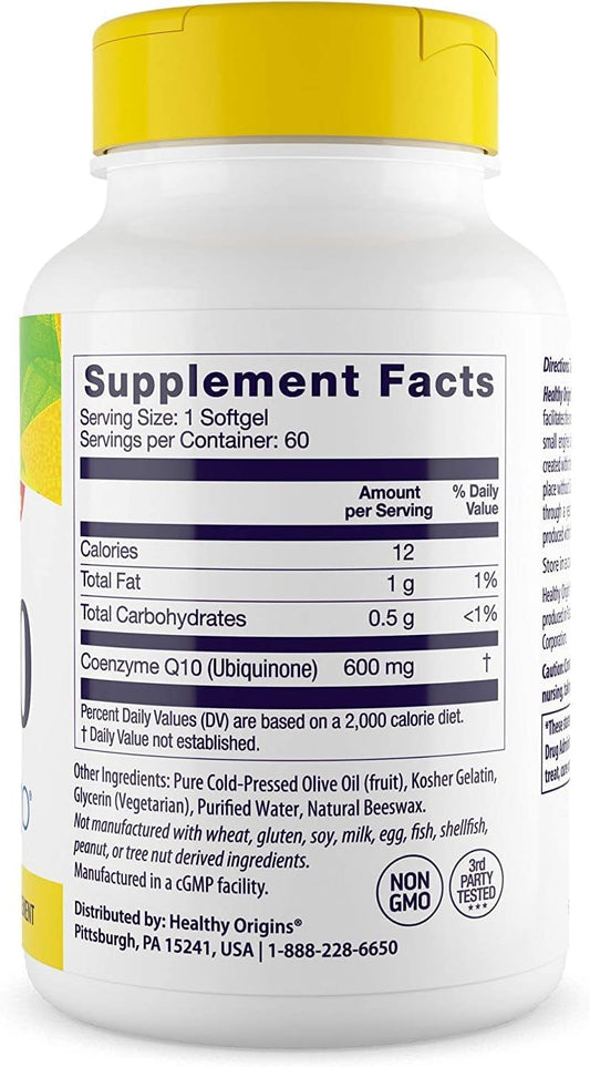 Healthy Origins Coq10 (Kaneka Q10), 600 Mg - Heart Health & Energy Supplement - Gluten-Free & Non-Gmo Supplements - 60 Softgels