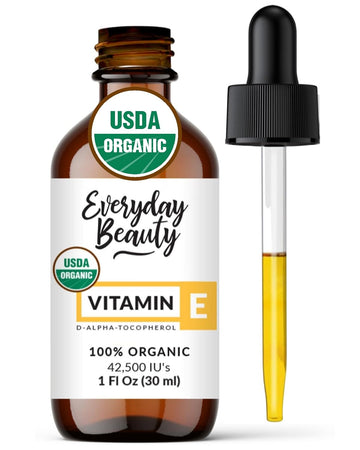 100% Organic Vitamin E Oil - D-Alpha Tocopherol Usda Certified 100% Organic - Pure And Natural 1 Fl Oz 42,500 Iu - For Face, Skin And Nails - Reduce Wrinkles, Anti Aging, Lighten Dark Spots