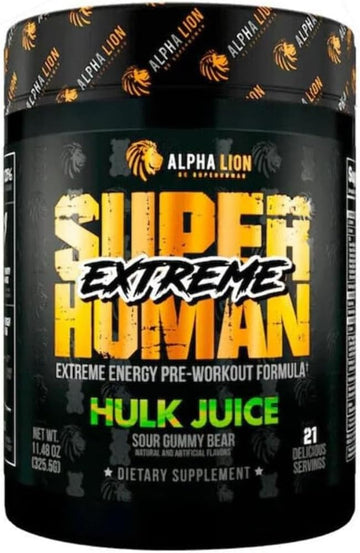 Alpha Lion Superhuman Extreme High Stim Pre Workout Powder, Beta Alanine, L-Taurine & 356Mg Tri-Source Caffeine For Sustained Energy, Nitric Oxide & Citrulline For Pump (21 Servings, Sour Gummy Bear)
