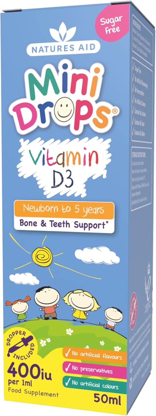 Natures Aid Mini Drops Vitamin D3 50Ml For Infants & Kids - Bone, Teeth, Health & Immune System Support - Sugar Free, Vegan, Gluten-Free, Non-Gmo - Growth Support For Children Age 0-5 Dropper Included