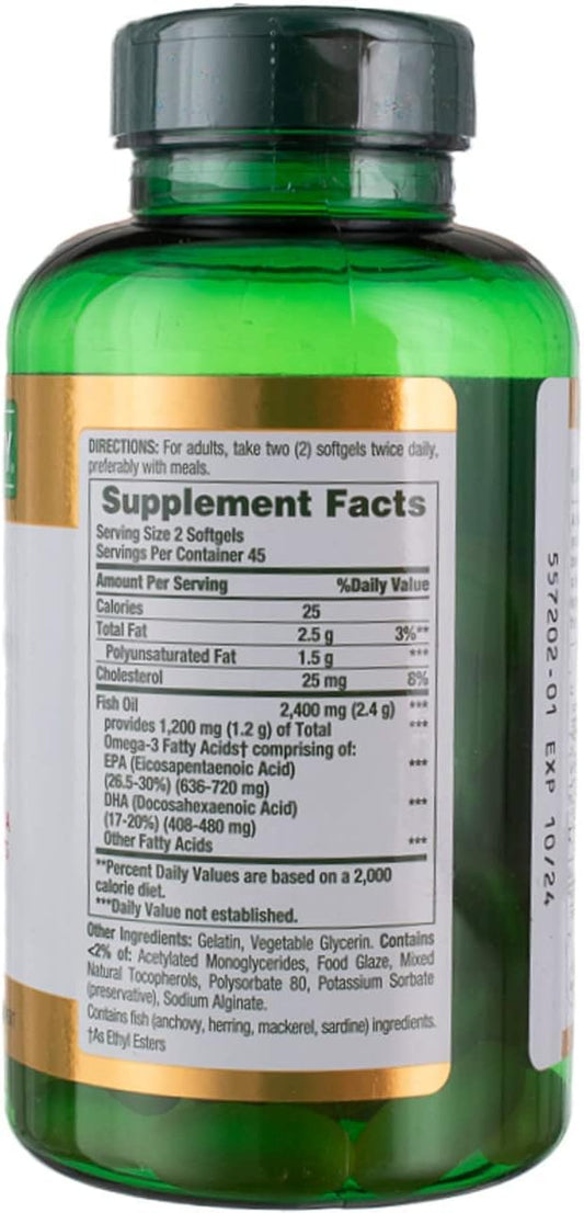 Nature's Bounty Fish Oil 2400 mg Double Strength Odorless 90 Softgels (Pack of 3)