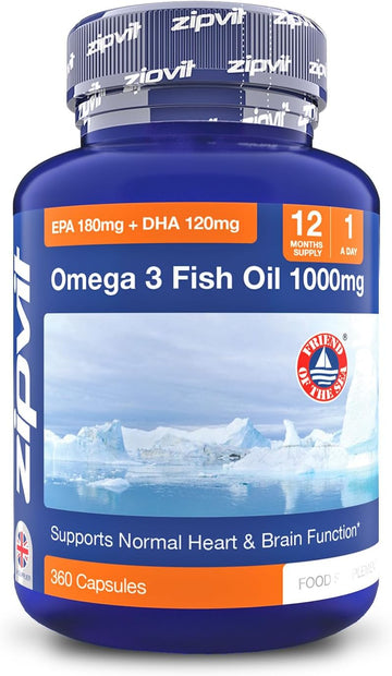 Omega 3 Fish Oil 1000Mg, 360 Softgel Capsules. 12 Months Supply. Epa 180Mg Dha 120Mg. Supports Heart, Brain Function And Eye Health