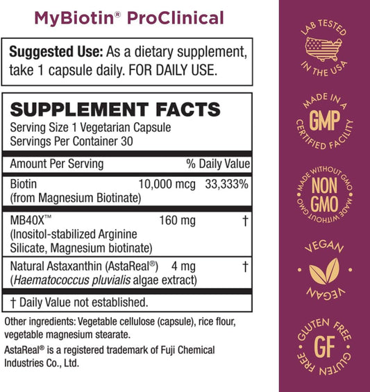 Purity Products Mybiotin Proclinical  Thicker Hair In 3 Weeks & Fights Wrinkles - Mb40X Patented Biotin Matrix W/Astaxanthin 40X More Soluble Vs Ordinary Hair, Skin Nails 30 Veg Caps