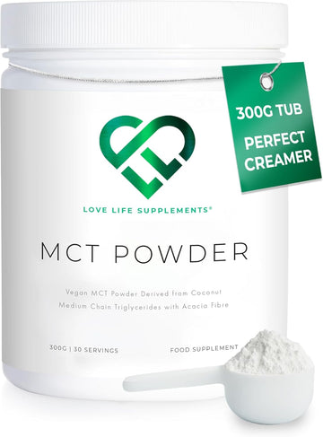 Mct Powder By Lls, 300G - 30 Servings, 100% From Coconuts, Mct Oil Powder High In Healthy Fats And Acacia Fibre, 0G Carbs, Perfect For Keto Diet, Completely Vegan, Lab Tested - Love Life Supplements
