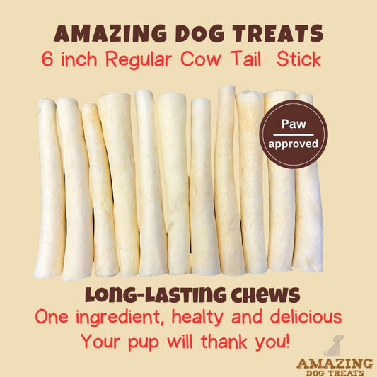 Amazing Dog Treats - Cow Tail Dog Chews (6 Inch Regular - 25 Pack) - Sourced From 100% Grass Fed Cattle - All Natural - Long Lasting Chew For Dogs - Rawhide Alternative For Dogs