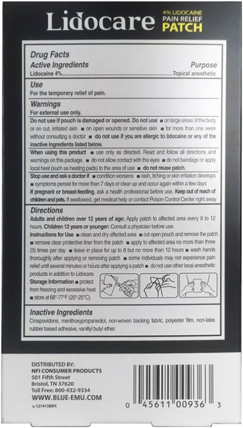 Blue Emu Lidocare Relief Patch For Back And Shoulder Strain Fast Acting, 3 Count (Pack Of 1)