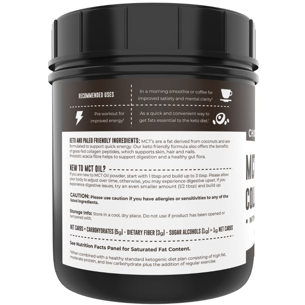 16oz Chocolate Keto MCT Powder + Collagen + Prebiotic Acacia Fiber. MCT Creamer. MCT Oil Powder from Coconuts. MCT Collagen Powder, Grass Fed, Perfect for Keto, 1 Net Carb, Stevia, Erythritol : Health & Household