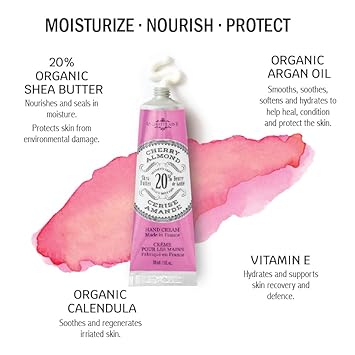La Chatelaine 20% Shea Butter Hand Cream, Travel Size, Organic Argan Oil, Moisturizing, Nourishing, Repairing, Extra Rich, Non-Greasy, Made In France, Paraben Free, 1 Oz/ 30Ml (Cherry Almond)